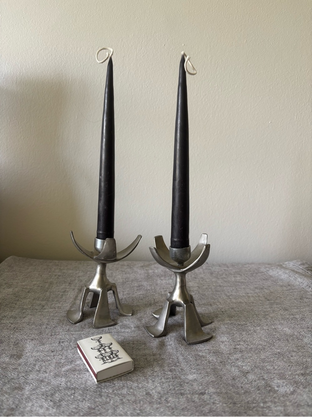 Metal Sculptural Castor Cooper Candlestick Unique Vintage Pair